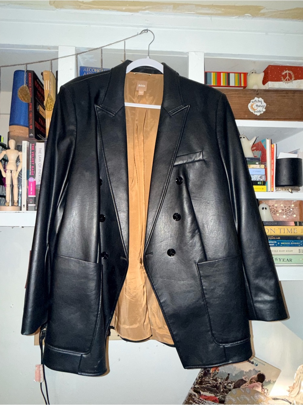 Boss Black Leather Double-Breasted Pea Coat with Tan Lining